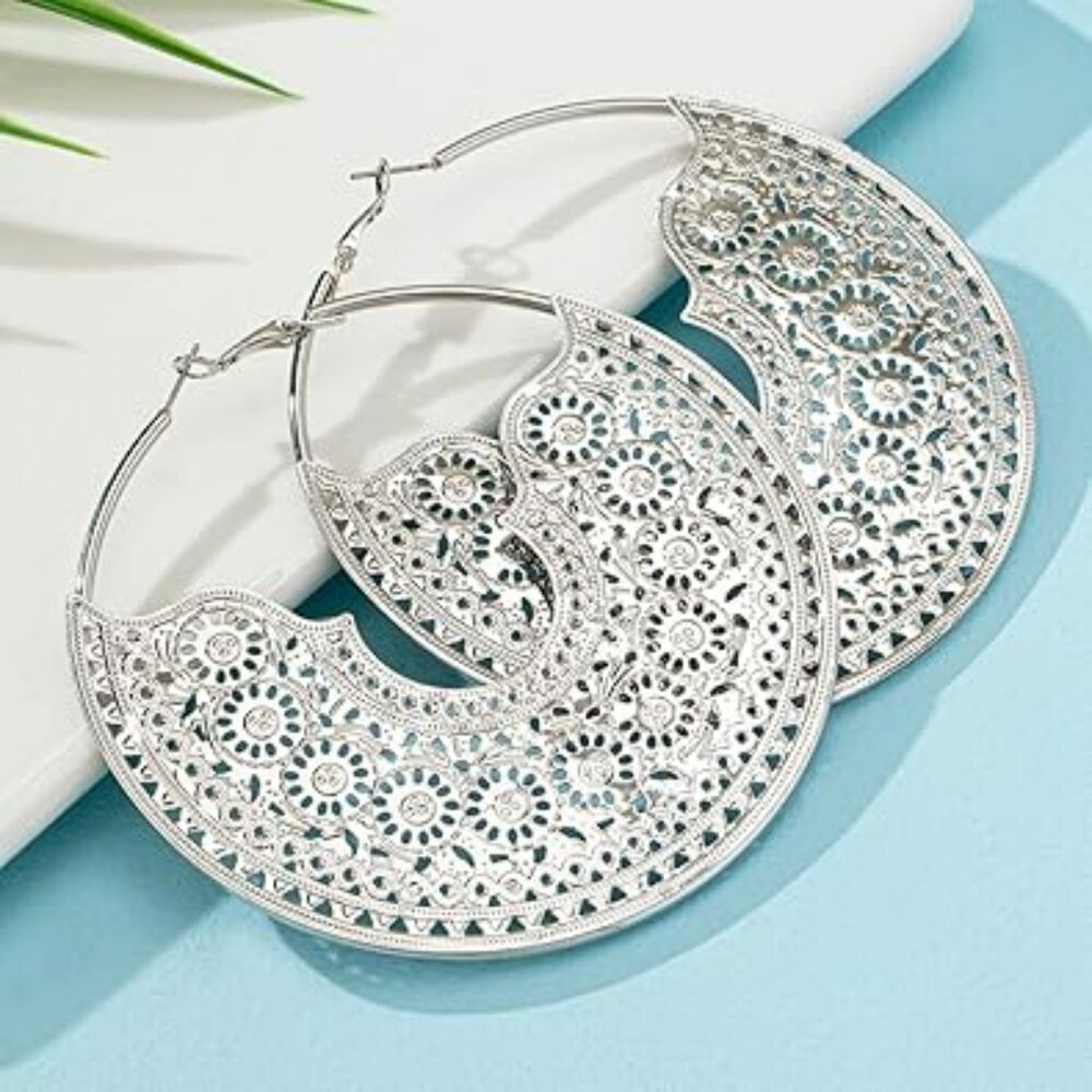 Bohemian Hoop Earrings Bold and stylish geometric circle Cuban Chunky SILVER‎